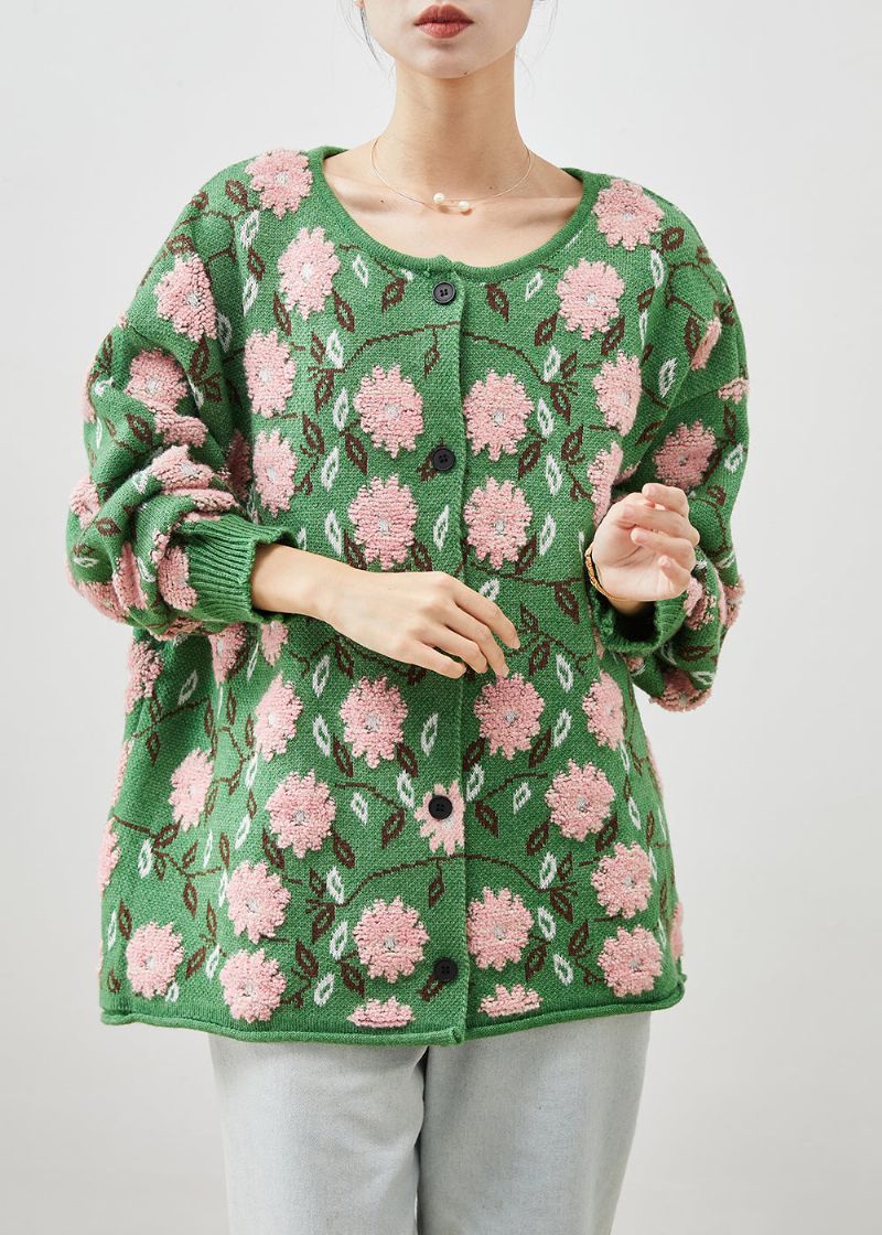 Groene Bloemenjacquard Gezellige Gebreide Vesten Oversized Winter - Dames cardigans