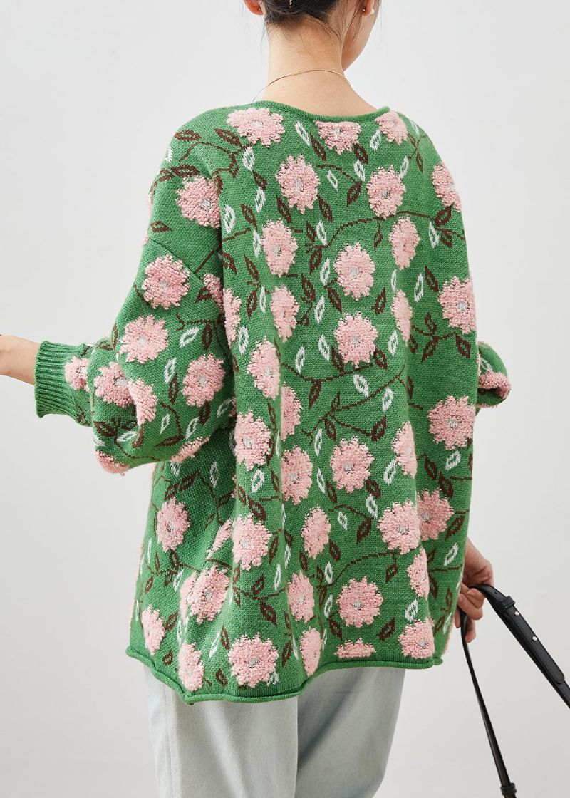 Groene Bloemenjacquard Gezellige Gebreide Vesten Oversized Winter - Dames cardigans