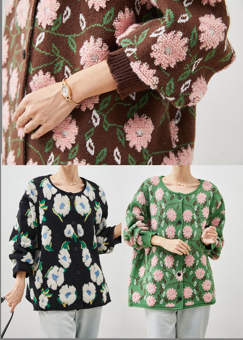 Groene Bloemenjacquard Gezellige Gebreide Vesten Oversized Winter - Dames cardigans