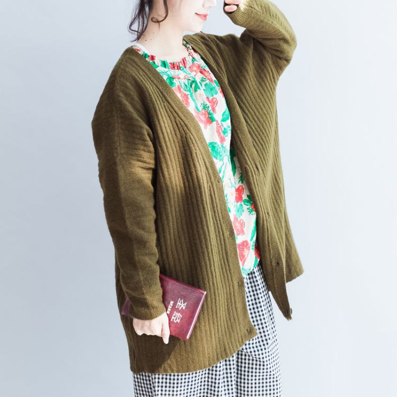 Groene Casual Gestreepte Gebreide Blouse Grote Maat Truien Met Lange Mouwen Vesten Warme Herfst 2024 - Dames cardigans