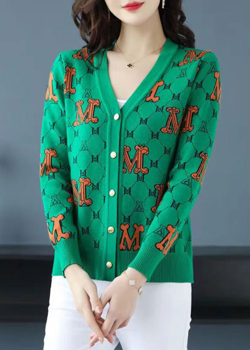 Groene Letter Jacquard Patchwork Wollen Losse Vesten V-hals Herfst - Dames cardigans