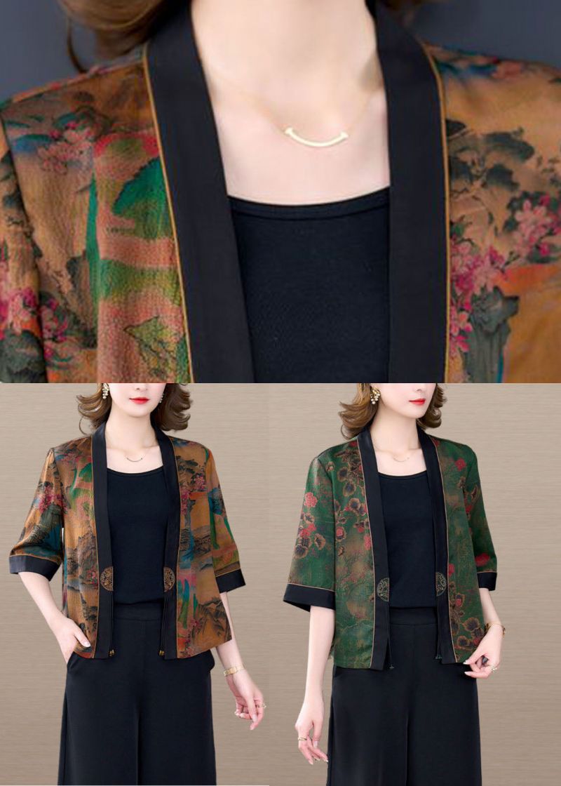 Groene Patchwork Zijden Vesten Met Print En Kwastje Halve Mouw - Dames cardigans