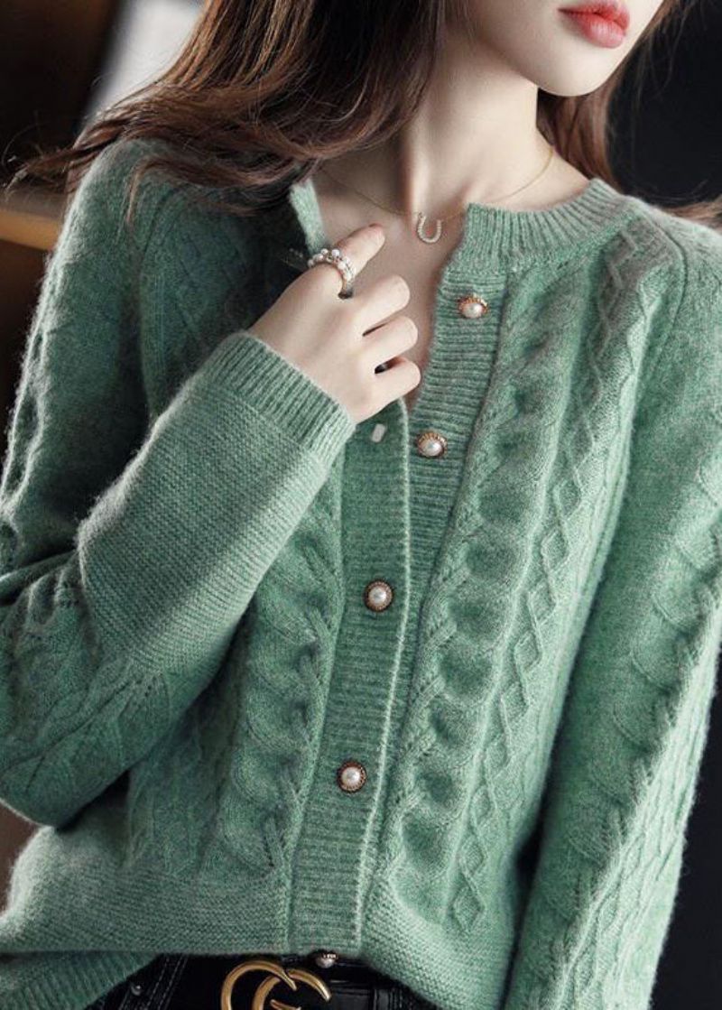 Groene Warme Wollen Kabelgebreide Vesten O-hals Parelknoop Winter - Dames cardigans