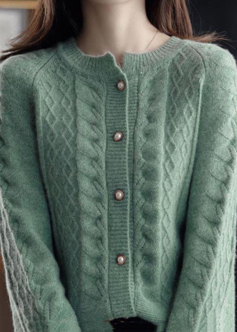 Groene Warme Wollen Kabelgebreide Vesten O-hals Parelknoop Winter - Dames cardigans