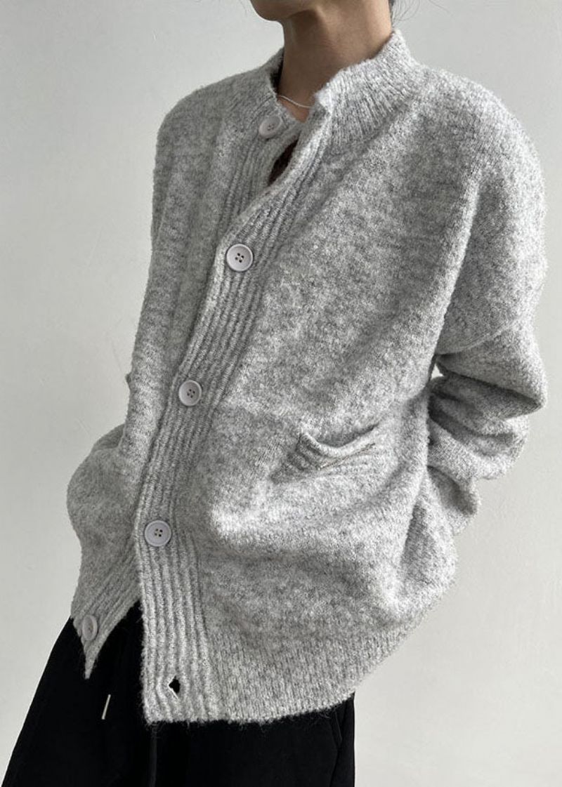 Grote Maten Grijze Opstaande Kraag Oversized Gezellige Wollen Herenvesten Winter - Dames cardigans