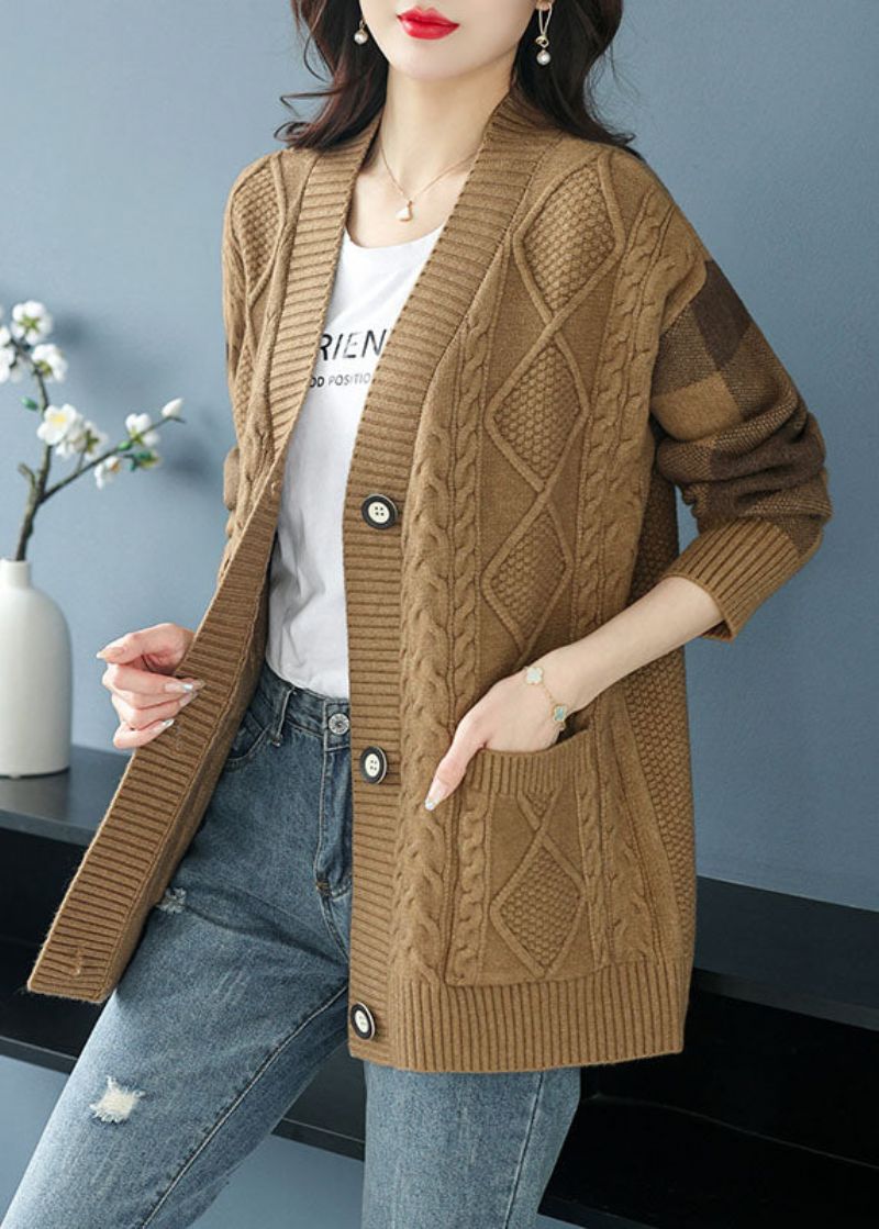 Grote Maten Kameel V-hals Zakken Knopen Patchwork Gebreid Vest Herfst - Dames cardigans