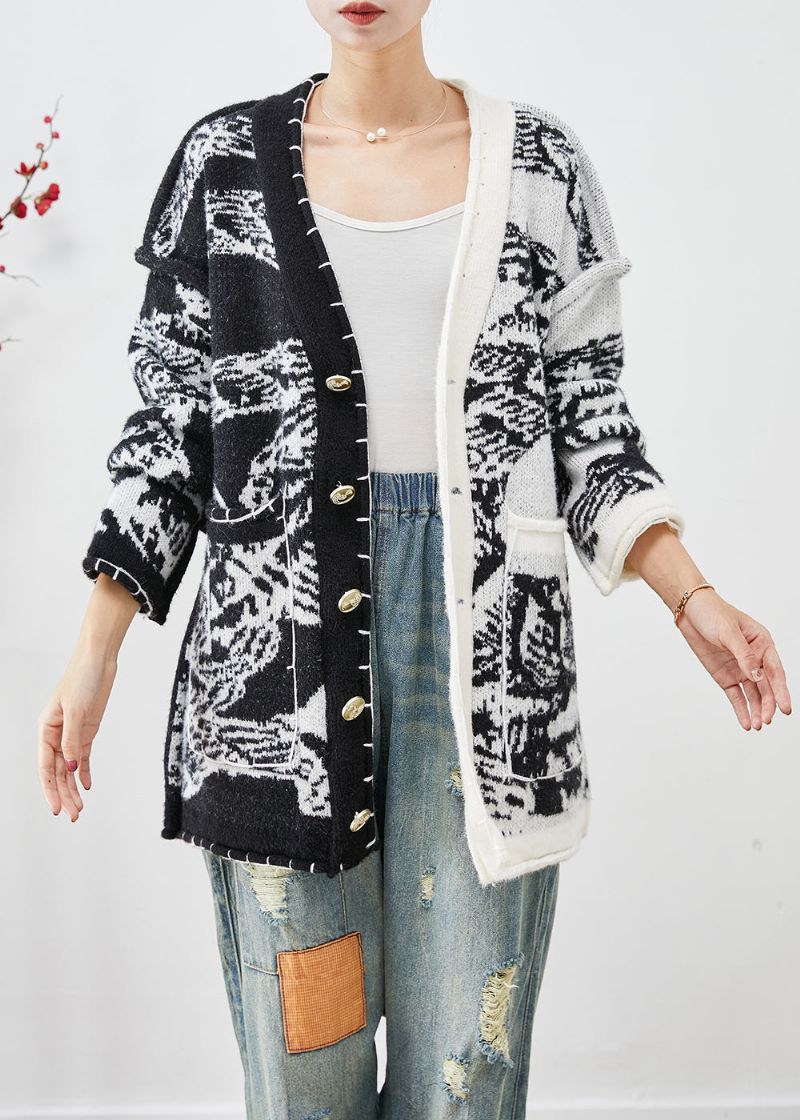 Grote Maten Zwarte Asymmetrische Tie-dye Gebreide Vesten Herfst - Dames cardigans