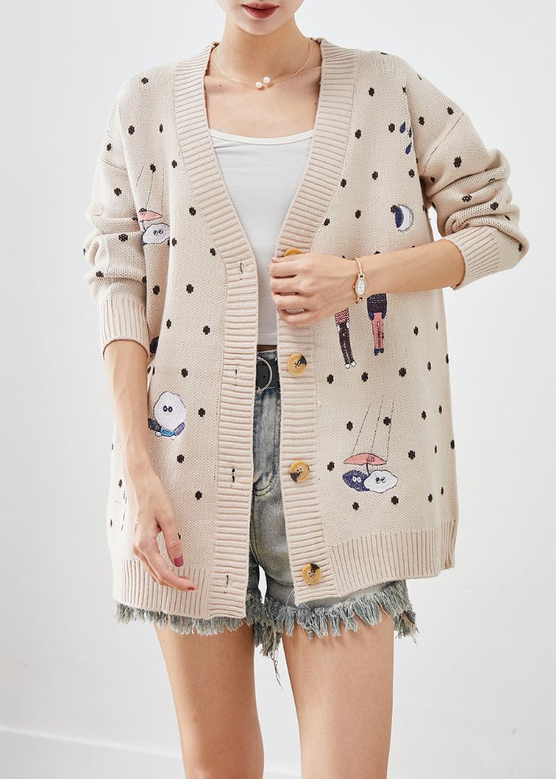 Handgemaakt Beige Oversized Gebreid Vest Met Cartoonprint Herfst