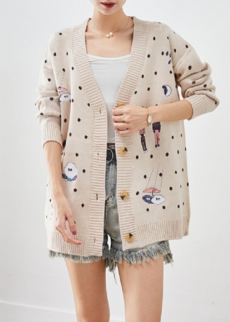 Handgemaakt Beige Oversized Gebreid Vest Met Cartoonprint Herfst