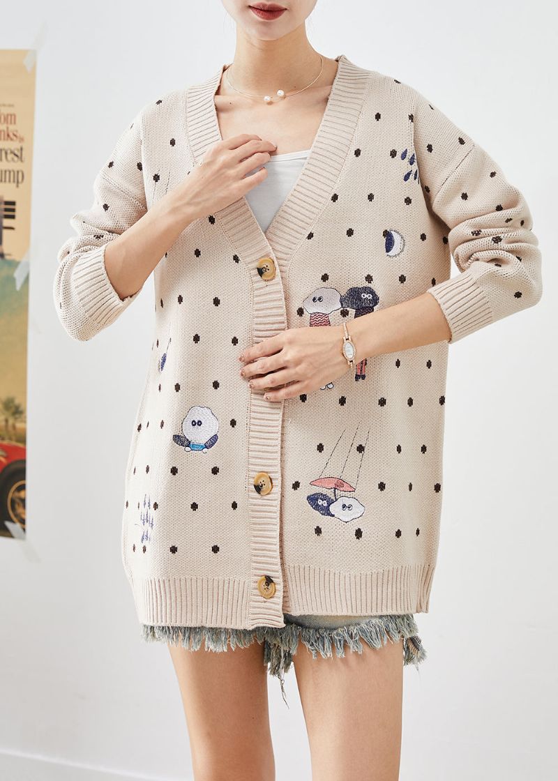 Handgemaakt Beige Oversized Gebreid Vest Met Cartoonprint Herfst - Dames cardigans