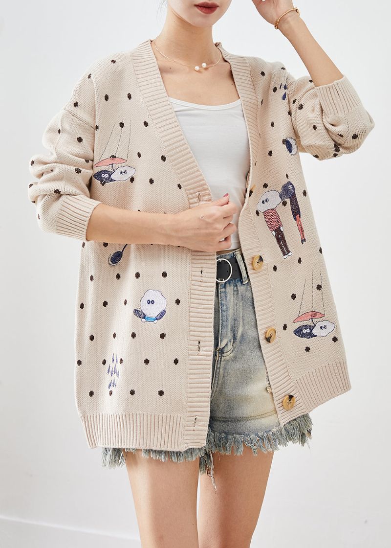 Handgemaakt Beige Oversized Gebreid Vest Met Cartoonprint Herfst - Dames cardigans