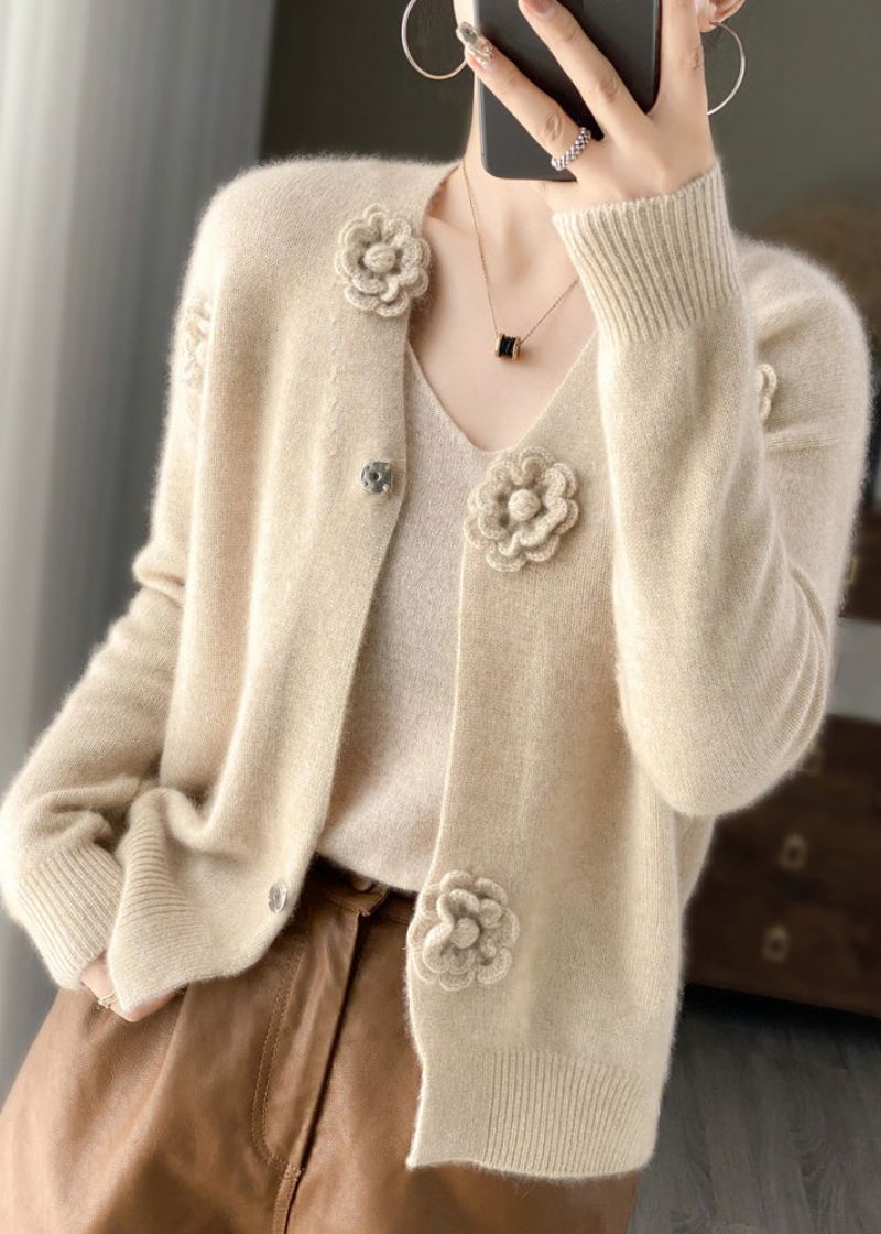 Handgemaakte Beige V-hals Bloemen Gehaakt Kasjmier Gebreid Vest Lente - Dames cardigans