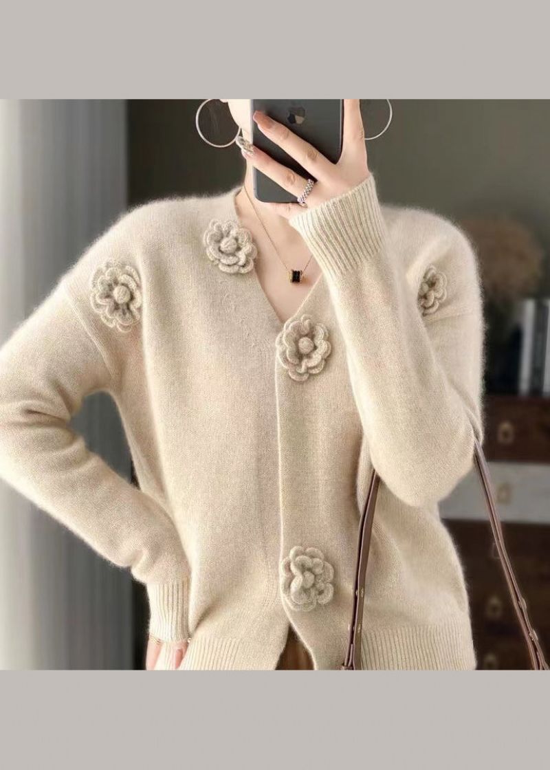 Handgemaakte Beige V-hals Bloemen Gehaakt Kasjmier Gebreid Vest Lente - Dames cardigans