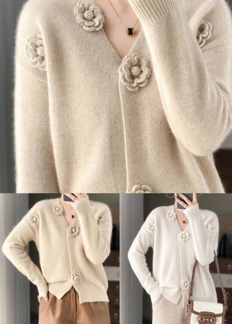 Handgemaakte Beige V-hals Bloemen Gehaakt Kasjmier Gebreid Vest Lente - Dames cardigans