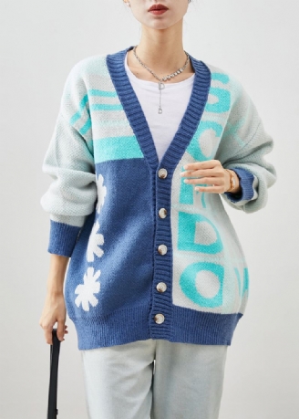 Handgemaakte Blauwe Oversized Print Gebreide Jassen Winter