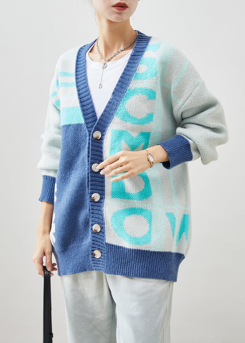 Handgemaakte Blauwe Oversized Print Gebreide Jassen Winter - Dames cardigans