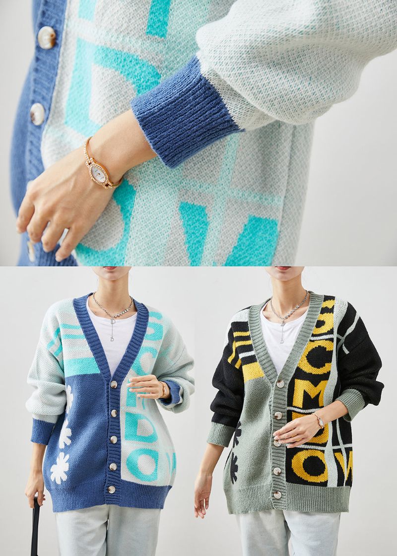 Handgemaakte Blauwe Oversized Print Gebreide Jassen Winter - Dames cardigans