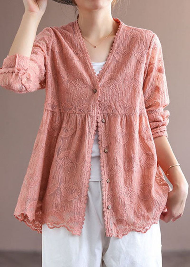 Handgemaakte Roze Patchwork Kanten Vesten Tops Lente - Dames cardigans