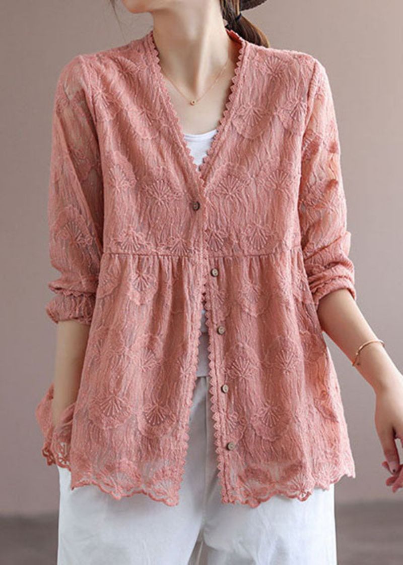 Handgemaakte Roze Patchwork Kanten Vesten Tops Lente - Dames cardigans