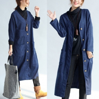 Herfst Winter Warme Marineblauwe Katoenen Trenchcoats Wollen Losse Zakken Vesten Met V-hals