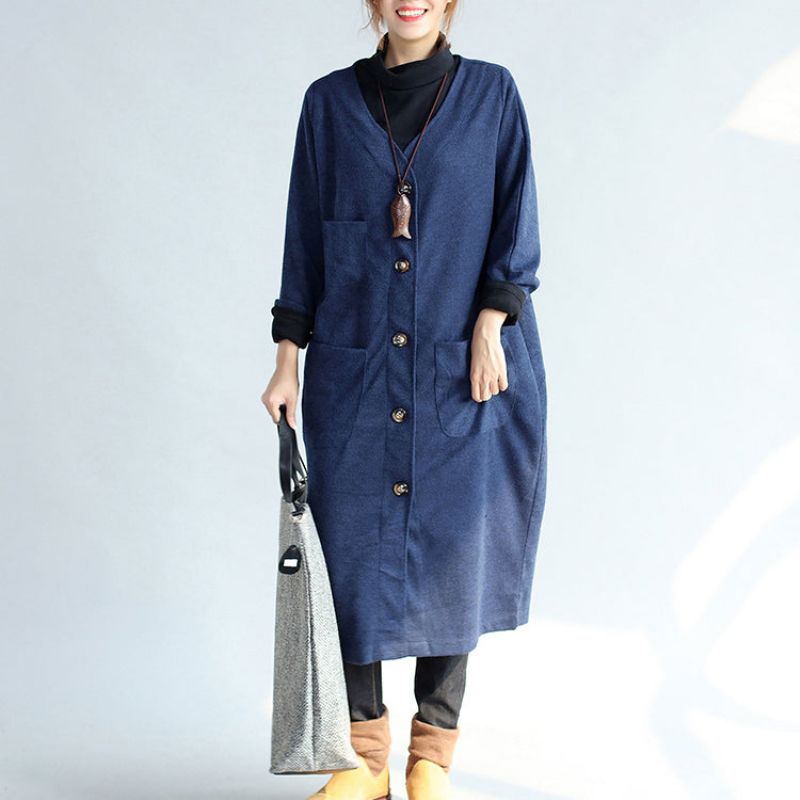 Herfst Winter Warme Marineblauwe Katoenen Trenchcoats Wollen Losse Zakken Vesten Met V-hals - Dames cardigans