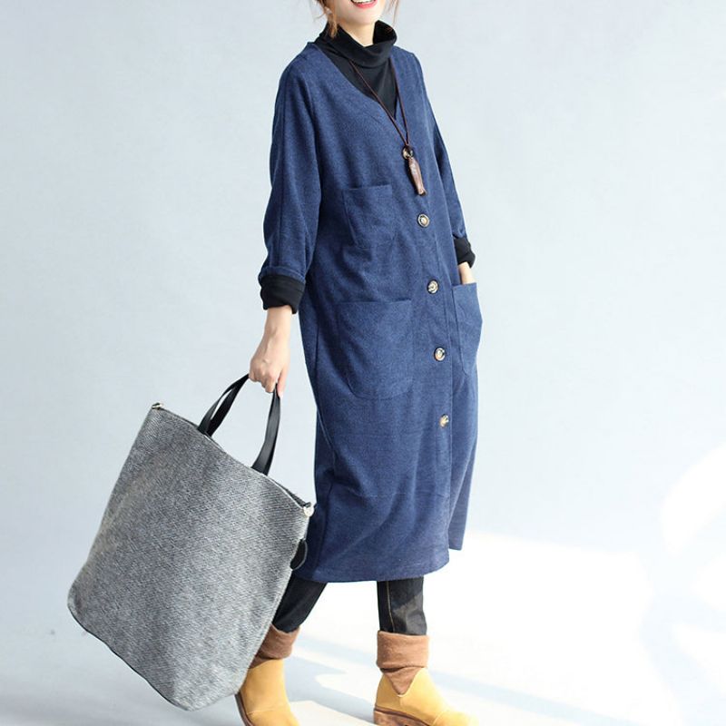 Herfst Winter Warme Marineblauwe Katoenen Trenchcoats Wollen Losse Zakken Vesten Met V-hals - Dames cardigans