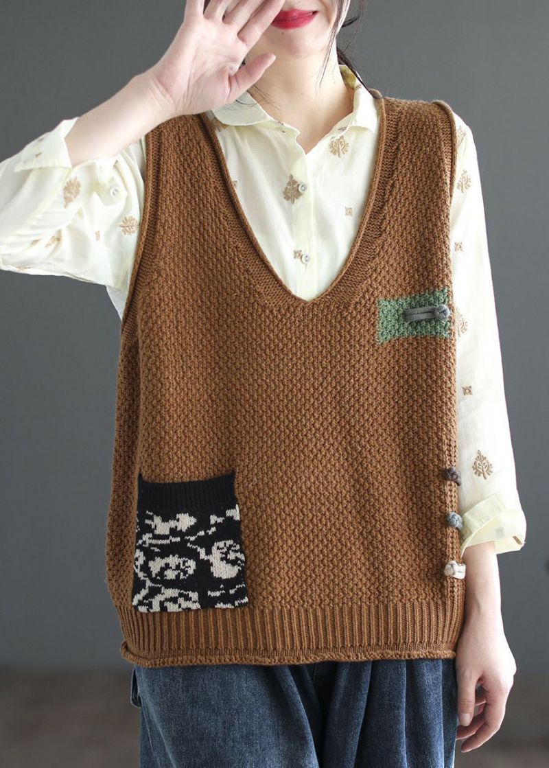 Italiaans Beige V-hals Patchwork Gezellig Katoenen Gebreid Vest Zonder Mouwen - Dames cardigans