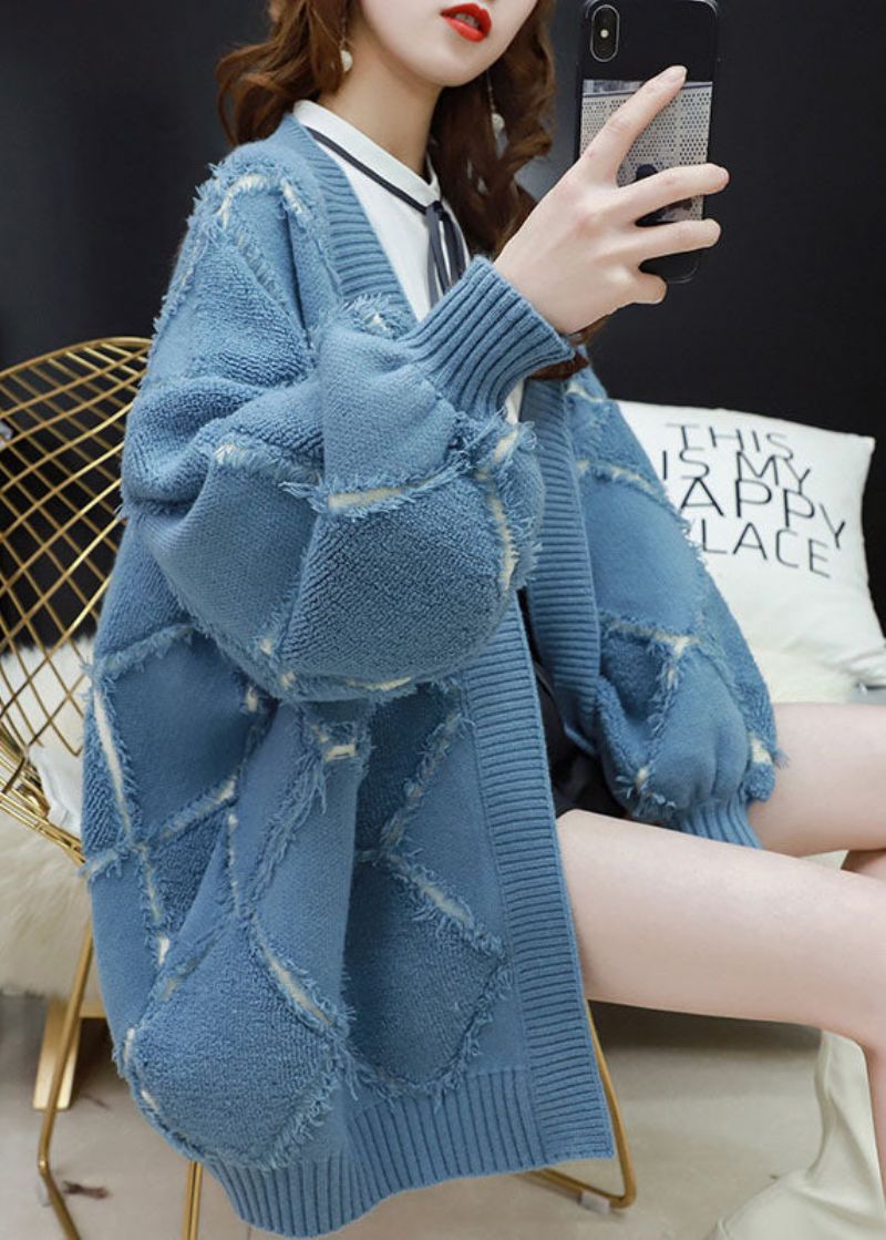 Italiaans Blauw Oversized Patchwork Warme Gebreide Vesten Met Kwastjes Winter