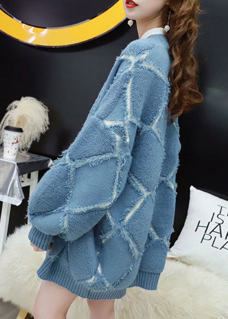 Italiaans Blauw Oversized Patchwork Warme Gebreide Vesten Met Kwastjes Winter - Dames cardigans