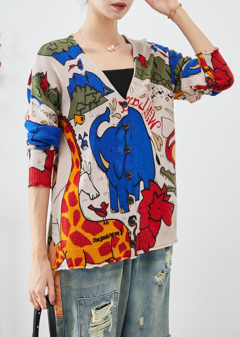 Italiaans Licht Camel Gebreid Vest Met V-hals En Dierenprint Herfst - Dames cardigans