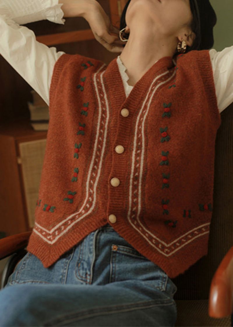 Italiaans Rood Mouwloos Vest Met Knoop En Patchwork Met V-hals