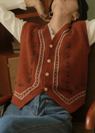 Italiaans Rood Mouwloos Vest Met Knoop En Patchwork Met V-hals