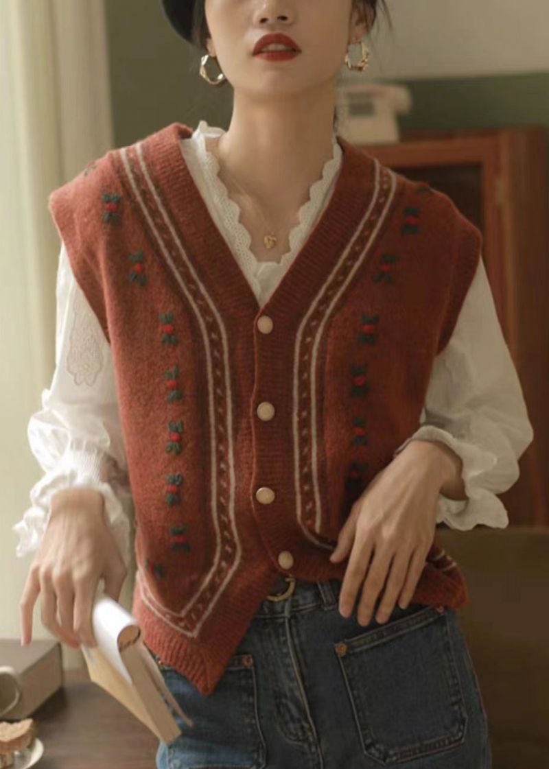 Italiaans Rood Mouwloos Vest Met Knoop En Patchwork Met V-hals - Dames cardigans