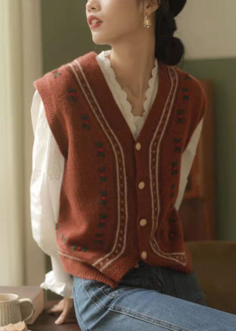 Italiaans Rood Mouwloos Vest Met Knoop En Patchwork Met V-hals - Dames cardigans