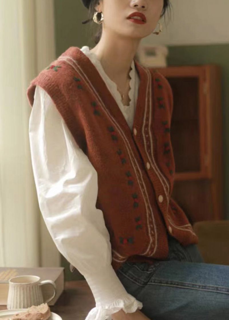 Italiaans Rood Mouwloos Vest Met Knoop En Patchwork Met V-hals - Dames cardigans