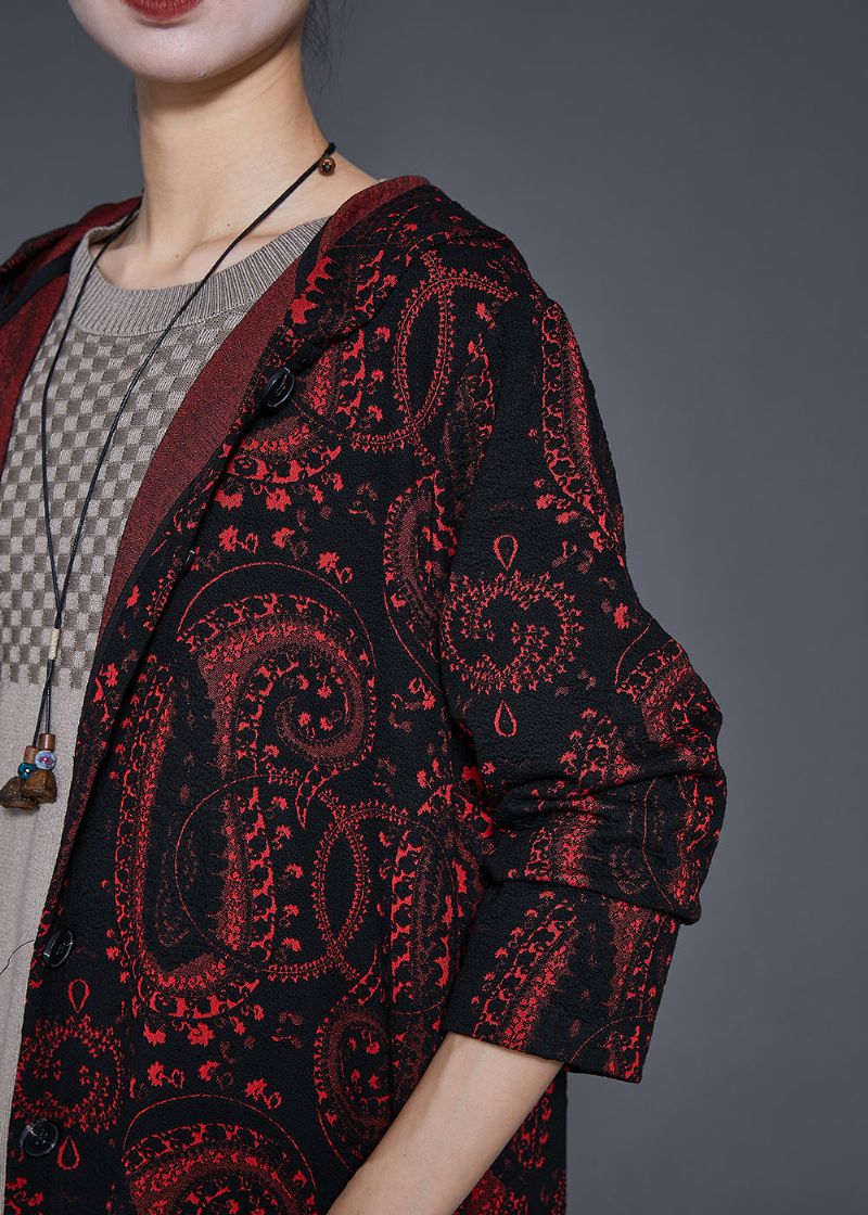 Italiaans Saai Rood Oversized Katoenen Lang Vest Met Print Herfst - Dames cardigans