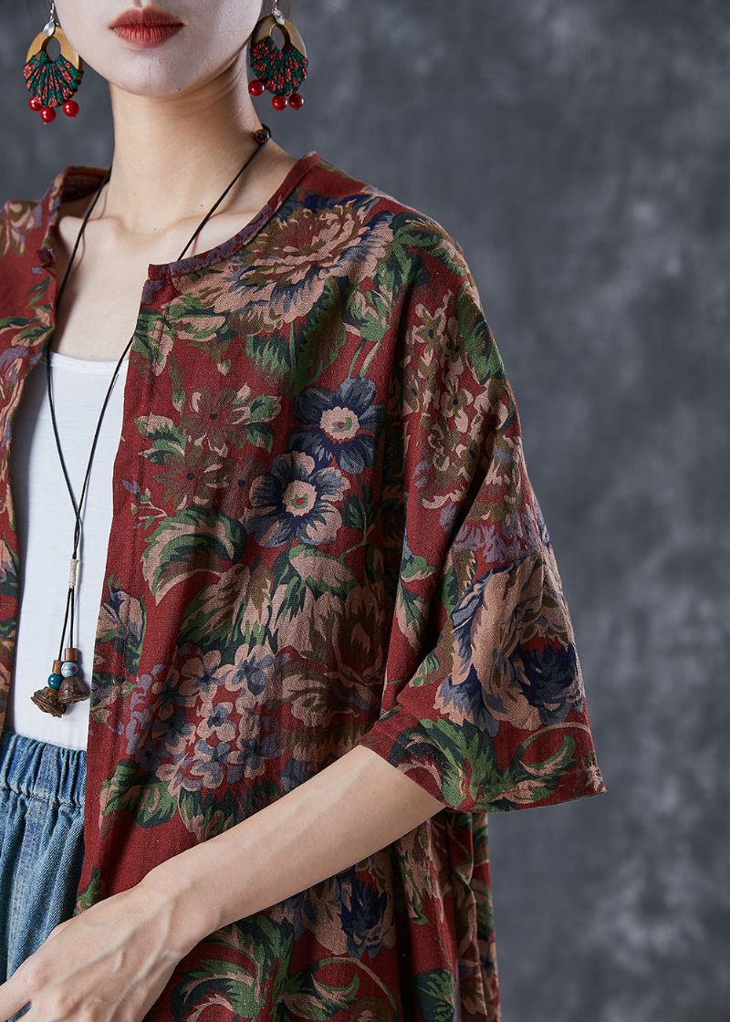 Italiaanse Rode Oversized Print Katoenen Lange Vesten Zomer - Dames cardigans