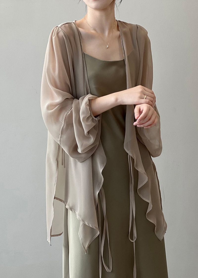 Kaki Effen Chiffon Vest Met Lange Mouwen En Veters - Dames cardigans