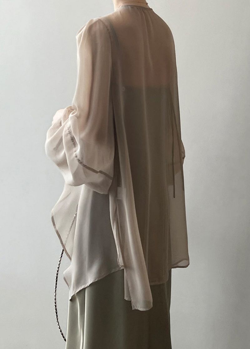 Kaki Effen Chiffon Vest Met Lange Mouwen En Veters - Dames cardigans