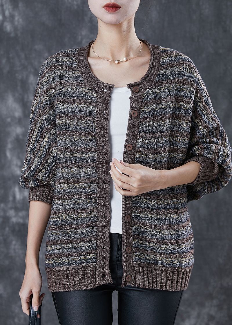 Koffie Gestreepte Gebreide Vesten Oversized O-hals Lente - Dames cardigans