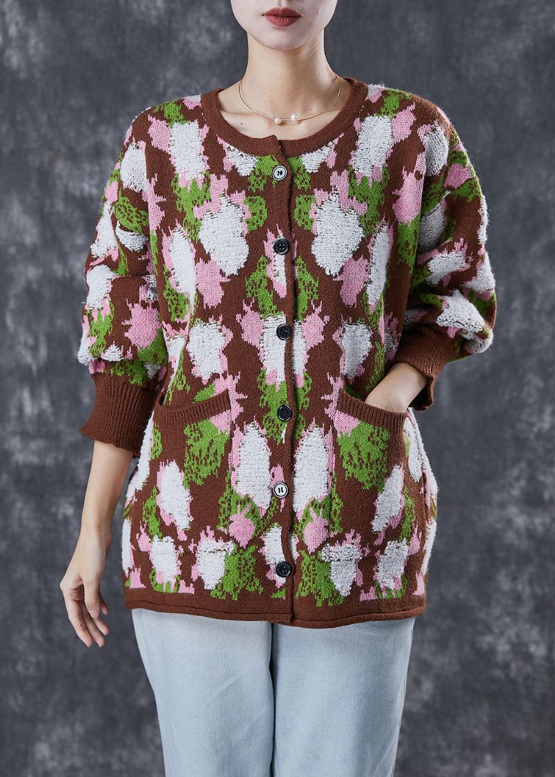 Koffieprint Warme Gebreide Jassen Zakken Winter - Dames cardigans