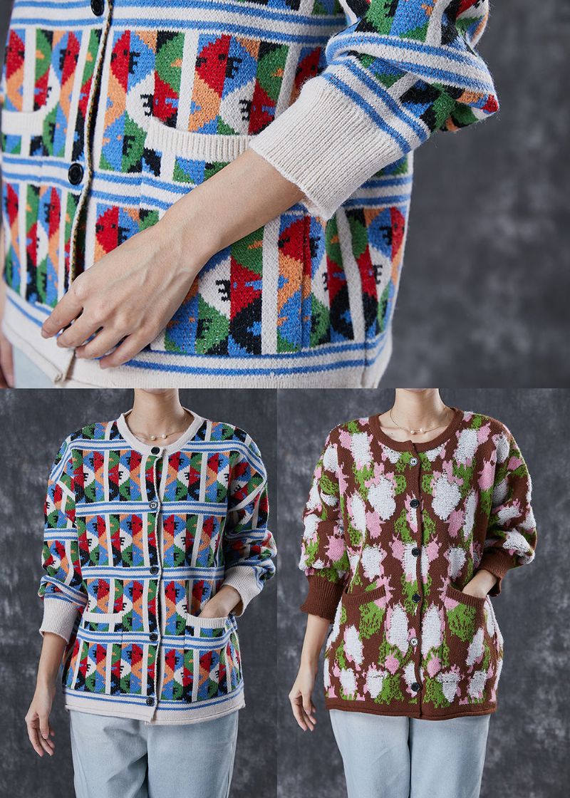 Koffieprint Warme Gebreide Jassen Zakken Winter - Dames cardigans