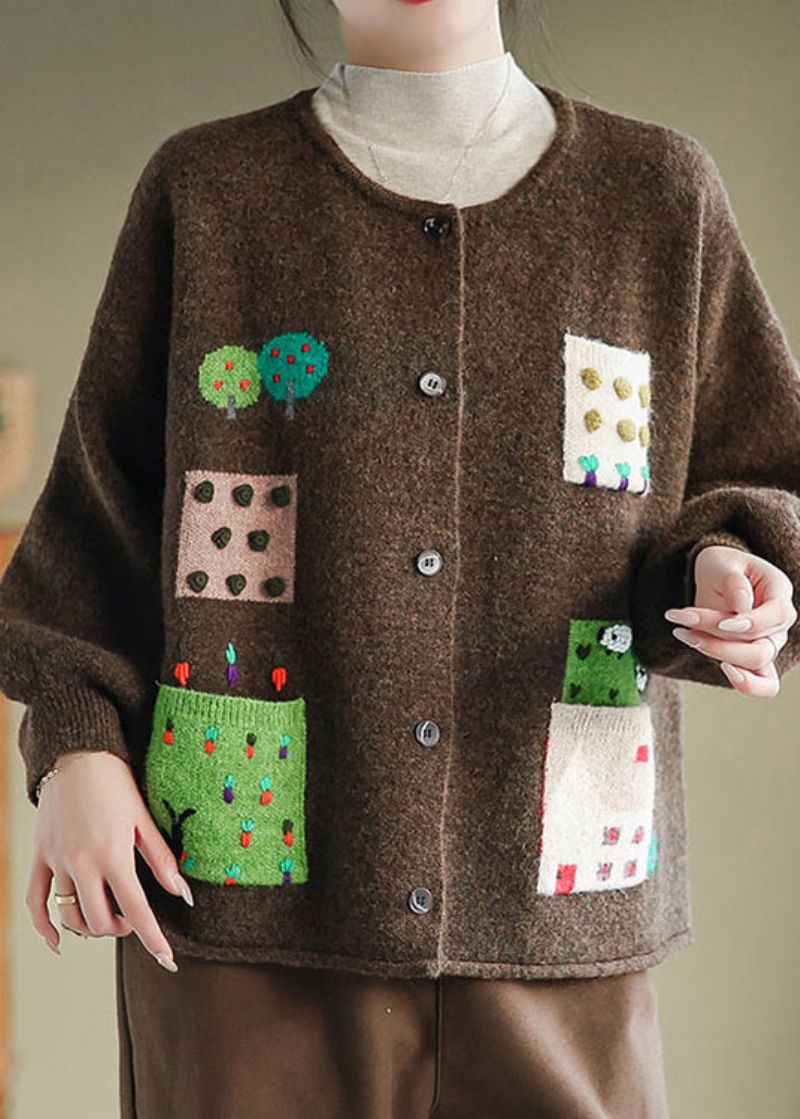 Koffiezakken Patchwork Gebreide Vesten Jas O-hals Knop Herfst - Dames cardigans