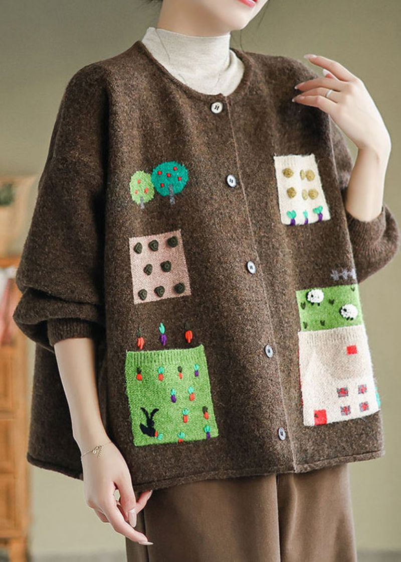 Koffiezakken Patchwork Gebreide Vesten Jas O-hals Knop Herfst - Dames cardigans