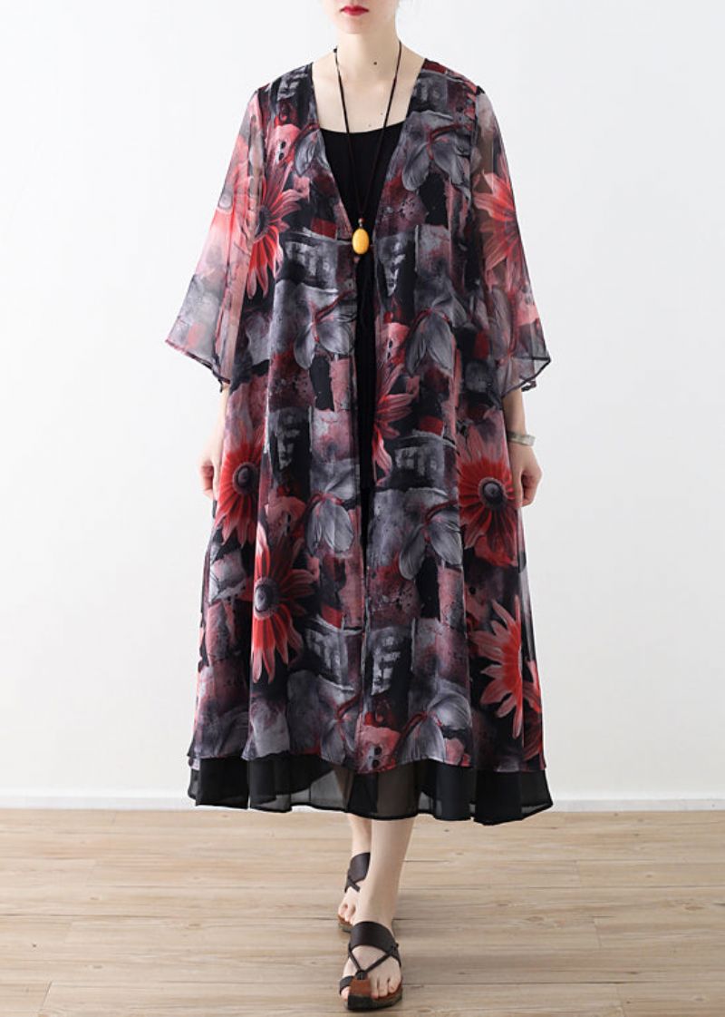 Kunstrode Chiffon Jas Met Print Robe Zomerjurken Vest