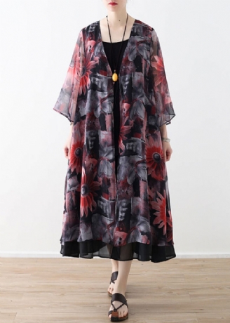 Kunstrode Chiffon Jas Met Print Robe Zomerjurken Vest