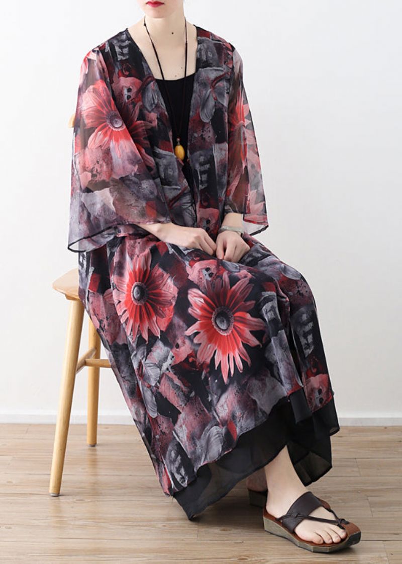 Kunstrode Chiffon Jas Met Print Robe Zomerjurken Vest - Groen