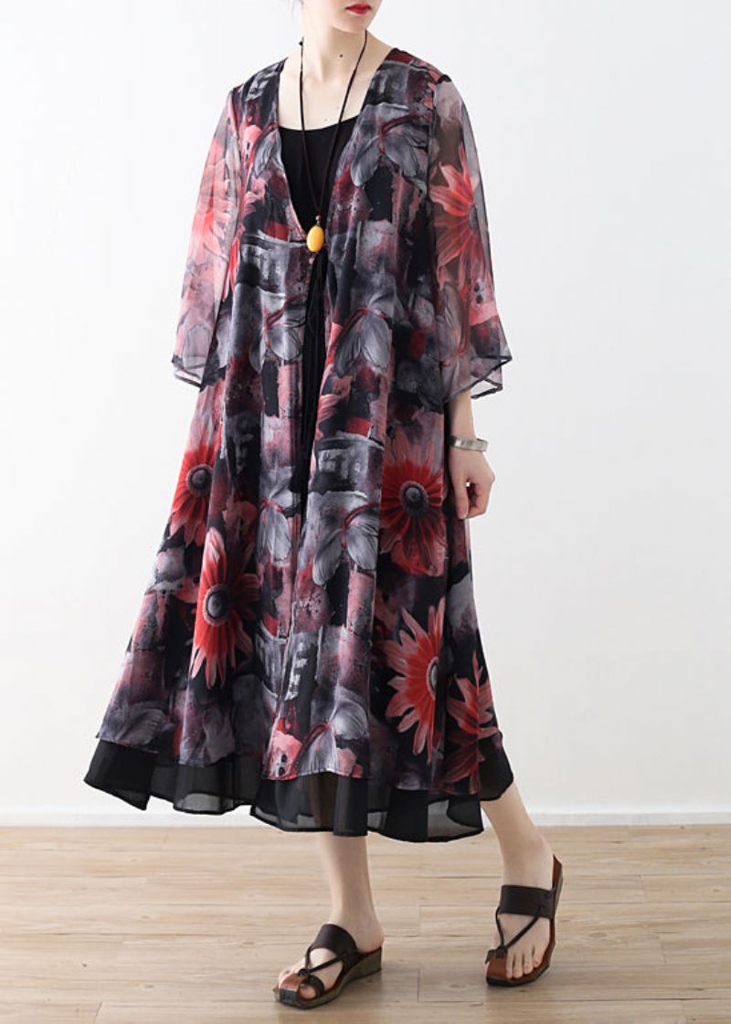 Kunstrode Chiffon Jas Met Print Robe Zomerjurken Vest - Groen