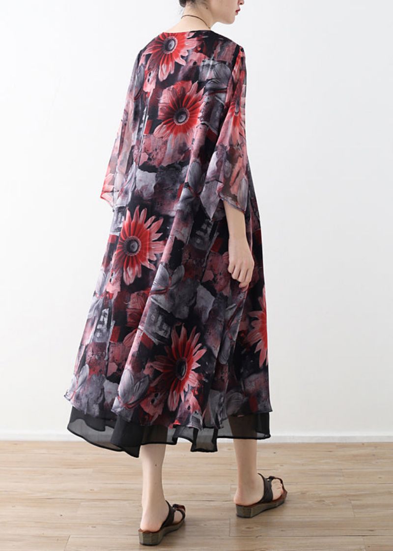 Kunstrode Chiffon Jas Met Print Robe Zomerjurken Vest - Groen