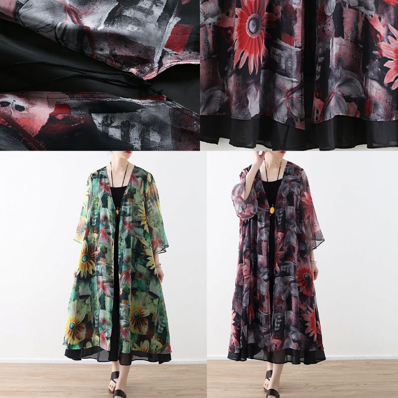 Kunstrode Chiffon Jas Met Print Robe Zomerjurken Vest - Groen